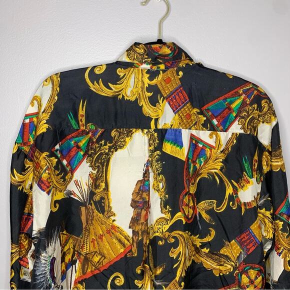 Tribes for her vintage 100% silk long sleeve print button down blouse native S - Picture 6 of 7